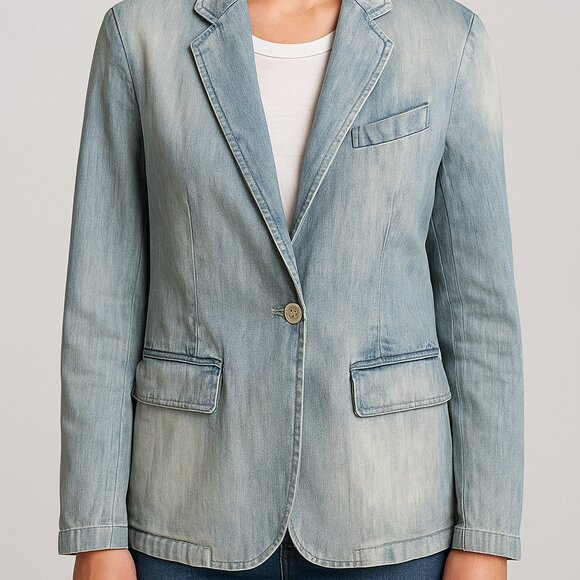 Lauren Ralph Lauren Size 8 Light Wash Denim Blazer Vintage Padded Shoulder - Picture 1 of 10